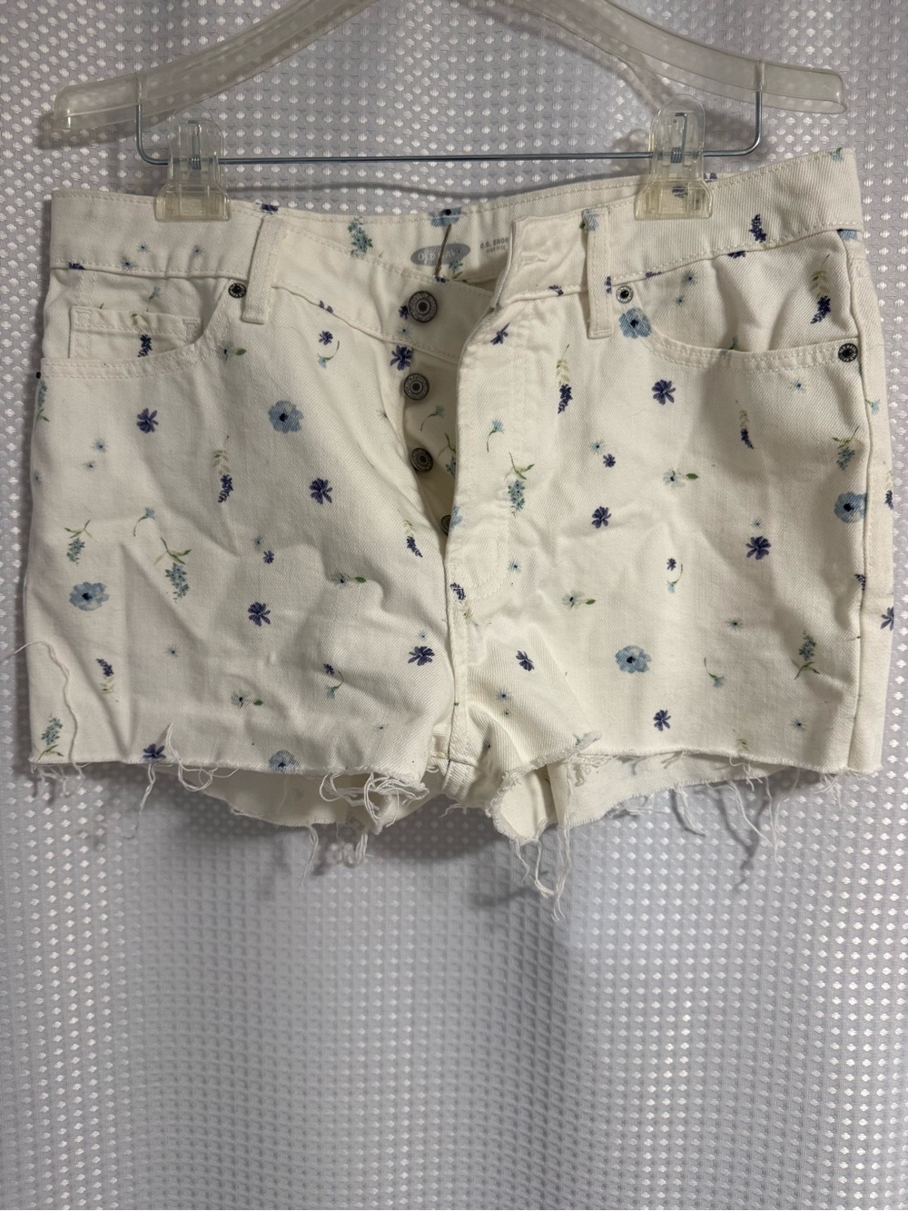 Old Navy Cream Denim Floral Cutoff Shorts with Blue & Purple Flowers